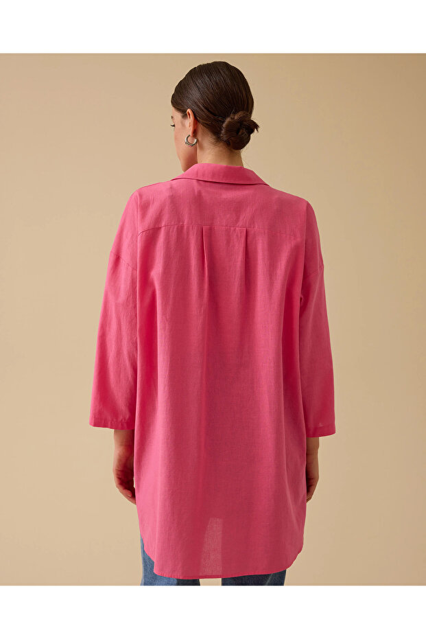 Keten Görünümlü Düğmeli Oversize Gömlek - 3