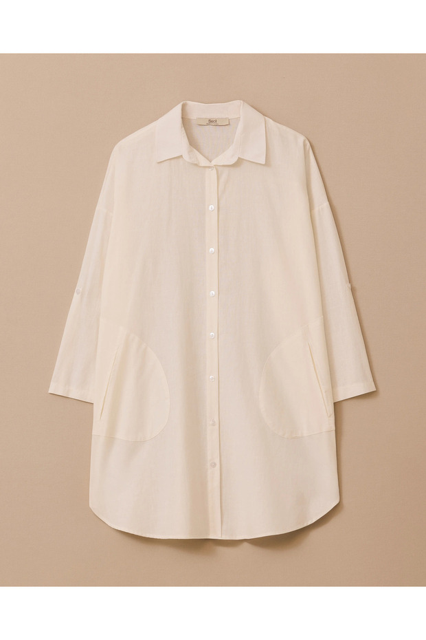 Keten Görünümlü Düğmeli Oversize Gömlek - 5