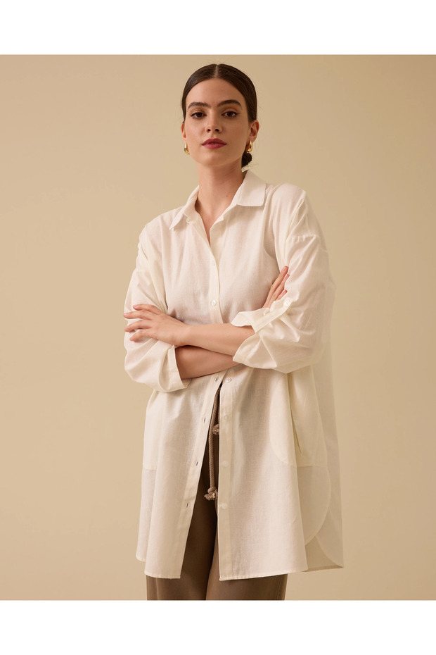 Keten Görünümlü Düğmeli Oversize Gömlek - 2