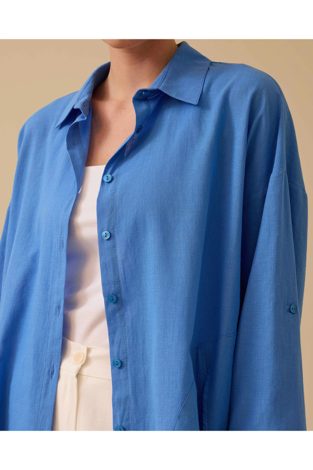 Keten Görünümlü Düğmeli Oversize Gömlek - 3