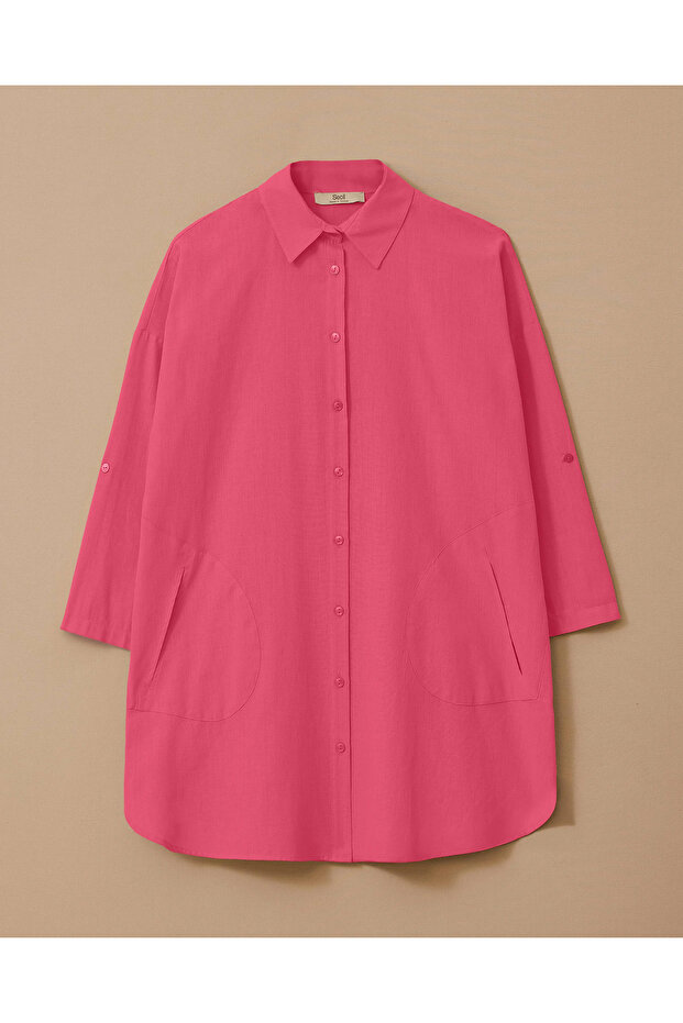 Keten Görünümlü Düğmeli Oversize Gömlek - 5