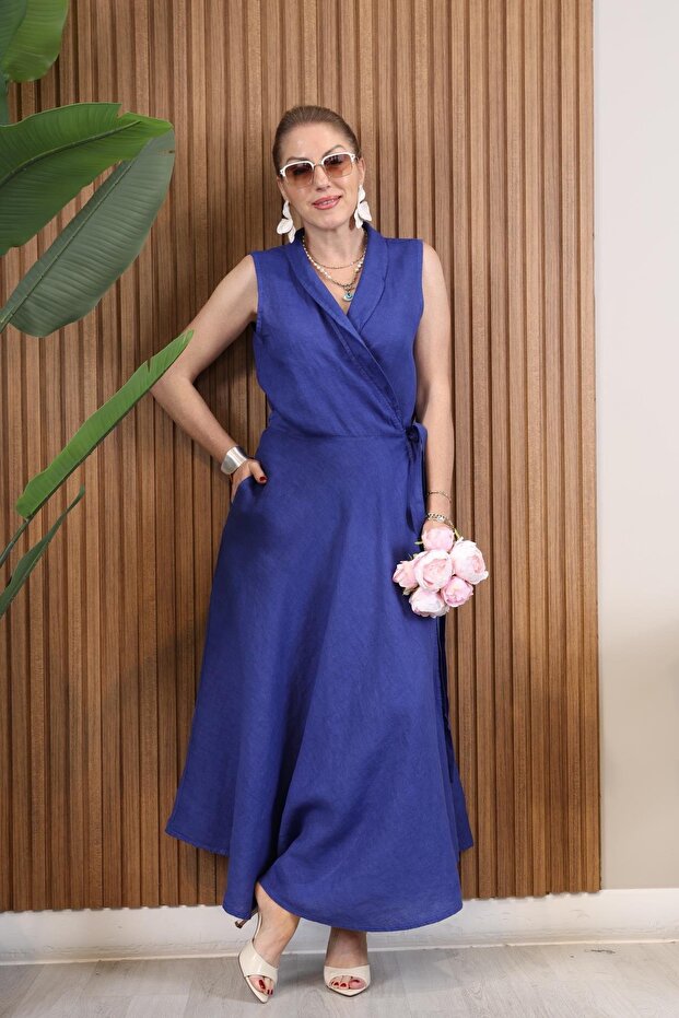 İthal Keten Bağlama Detay Çivit Mavisi Elbise - 4