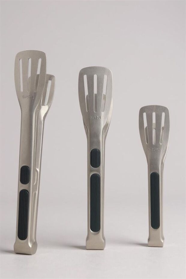 Silver 3'Lü Set Servis Maşası Seti Paslanmaz Çelik Soft Touch Silver Mutfak Biftek Barbekü Maşası - 4