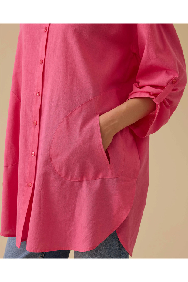 Keten Görünümlü Düğmeli Oversize Gömlek - 4