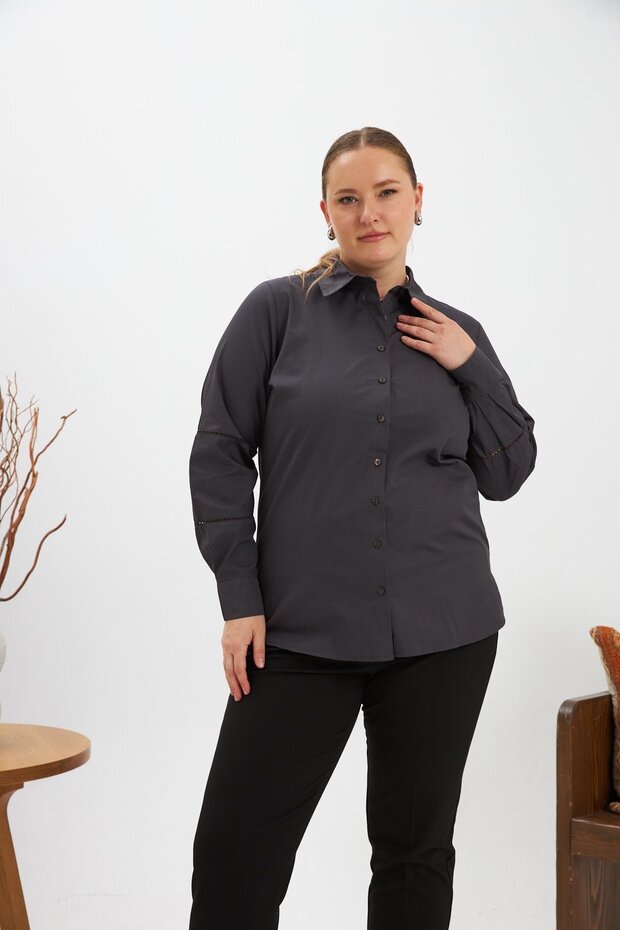 Large Size Shirt with Crochet Sleeve Detail Anthracite