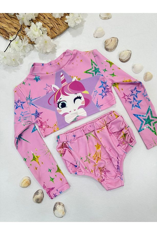 Pembe Unicorn ve Yıldız Desenli  Uzun Kollu Bikini Takımı - 1