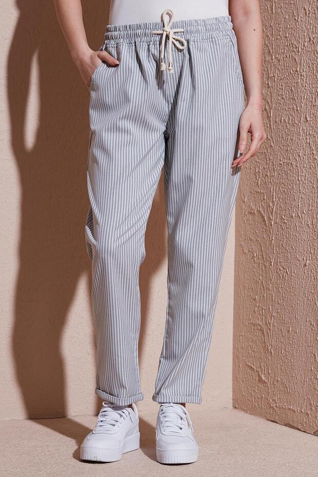 Comfortable Elastic Striped Trousers Gray