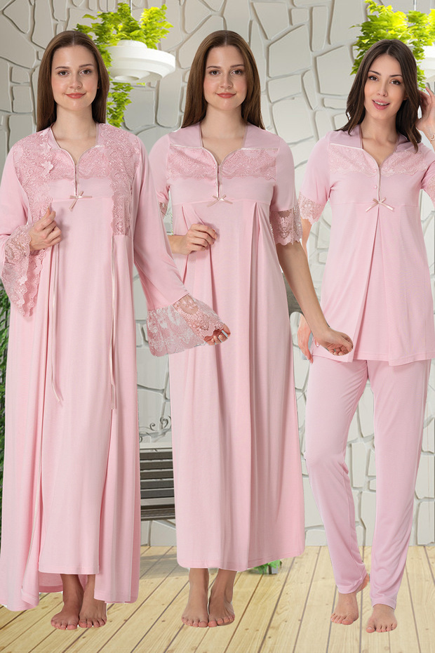 Pink Lace Detailed 4-Piece Pregnant Maternity Set Effortt 9016