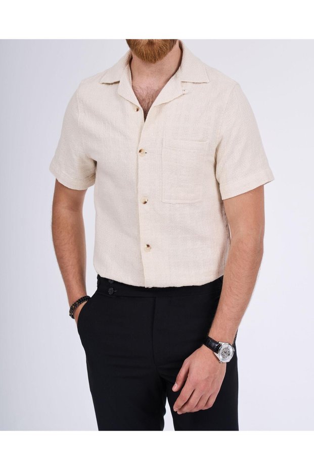 Italian Style Slim Fit Knitted Texture Short Sleeve Men Shirt Ecru T13629
