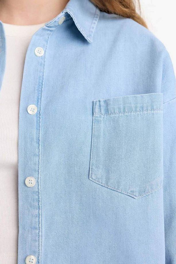 Yeni Sezon Oversize Geniş Kalıp Tek Cepli Jean Gömlek - 5