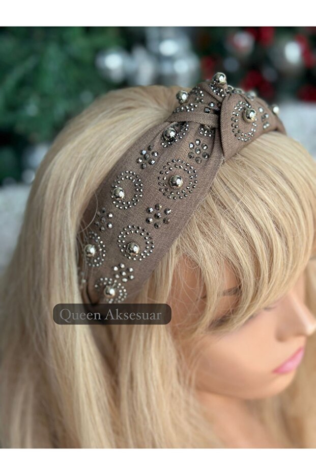 Luxury Metallic Stud Stone Pearl Processing Motif Denim Fabric Thick Knot Women's Crown Brown Wide Crown