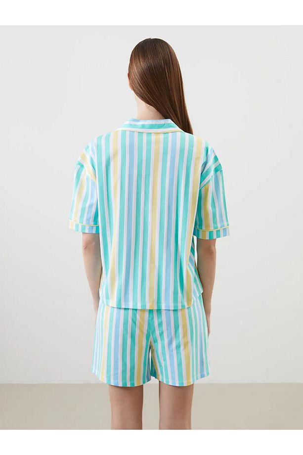 LCW DREAM Sari Gömlek Yaka Çizgili Kadın Şortlu Pijama Takımı - 4