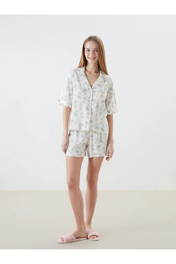 LCW DREAM Ekru Gömlek Yaka Desenli Kadın Şortlu Pijama Takımı - 2