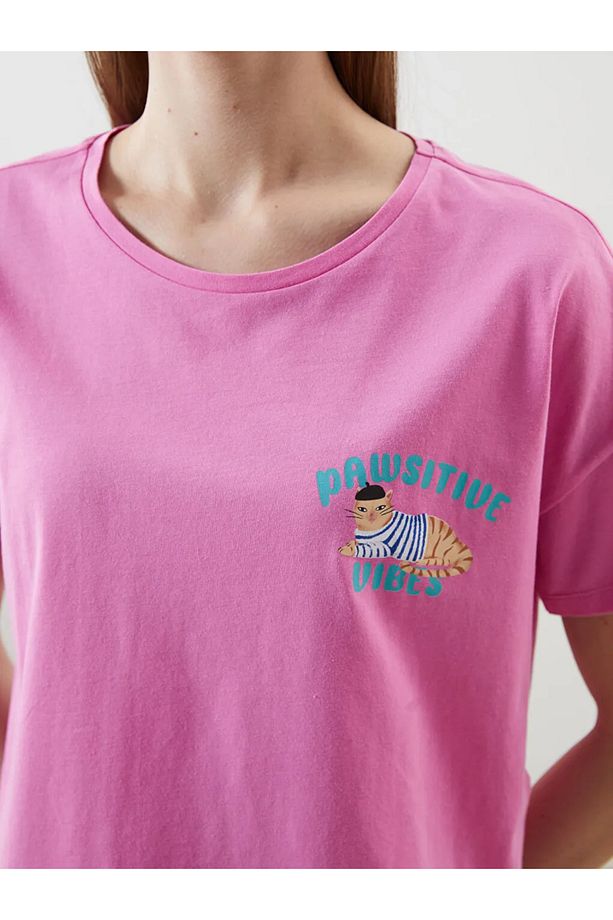 LCW DREAM Pembe Bisiklet Yaka Baskılı Kadın Şortlu Pijama Takımı - 3