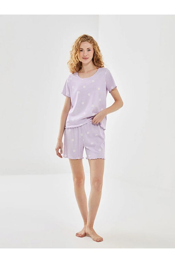 LCW Young Lila Bisiklet Yaka Çiçekli Kadın Şortlu Pijama Takımı - 2