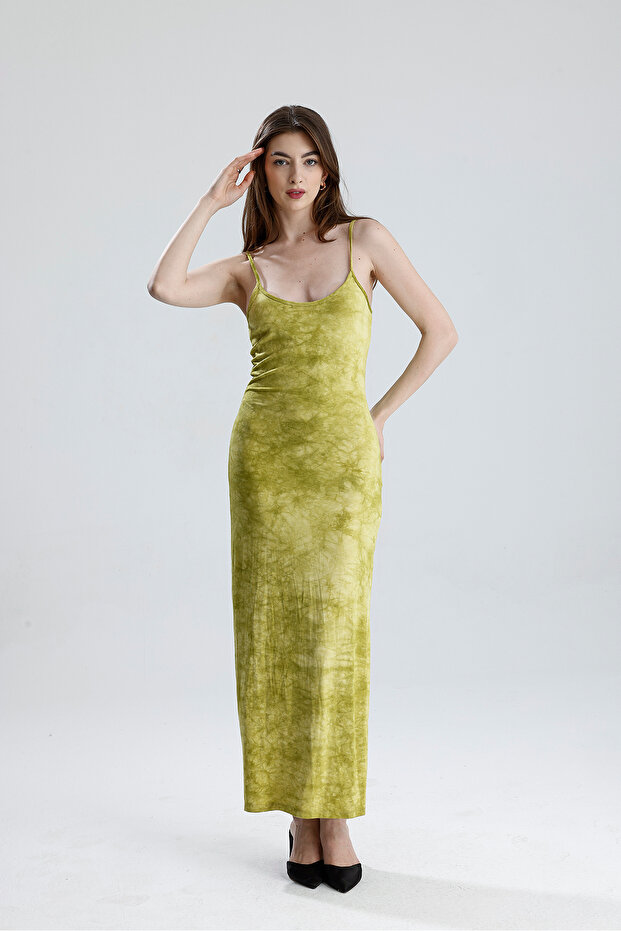 Slit Strap Lycra Viscose Dress | Elb35782 Peanut Green Batik