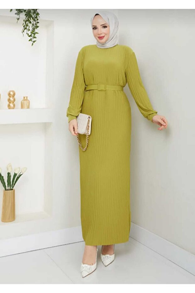 Women's Pleated Belted Sandy Fabric Full Lycra Stretchy Dress