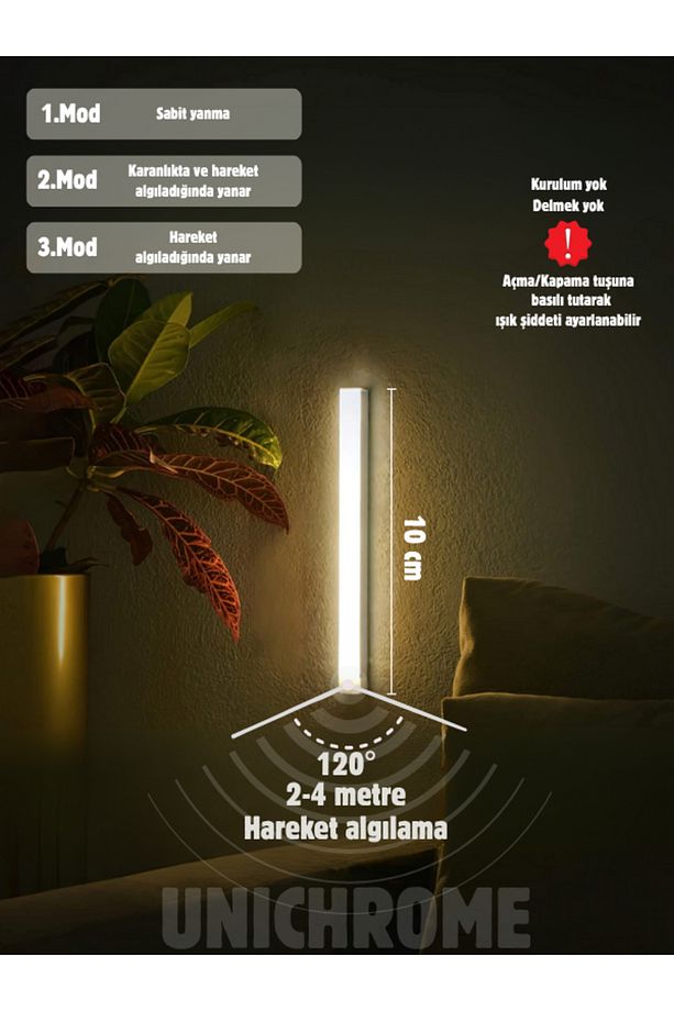 Hareket Sensörlü Tüp Ledli Şarjlı Beyaz Led Auto Mod Dolap Içi, Koridor, Tezgah Altı 10cm - 2