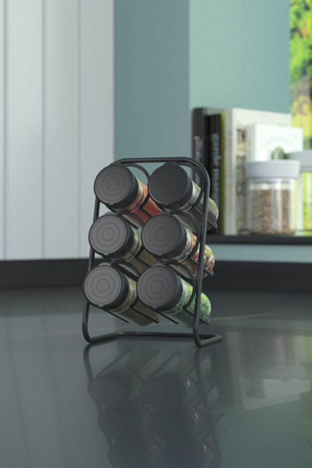 Teknotel Metal 6-Piece Salt and Spice Container Stand with 6 Glass Spice Containers Matte Black Mg028
