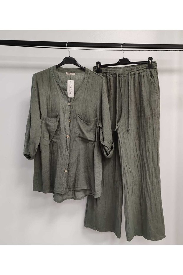 Women's Khaki Italian Judge Collar Shirt Straight Linen Suit
