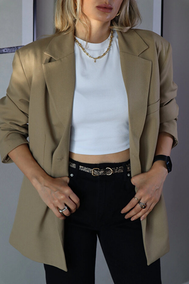 Çift Düğmeli Astarlı Oversize Ceket - Bej - 3