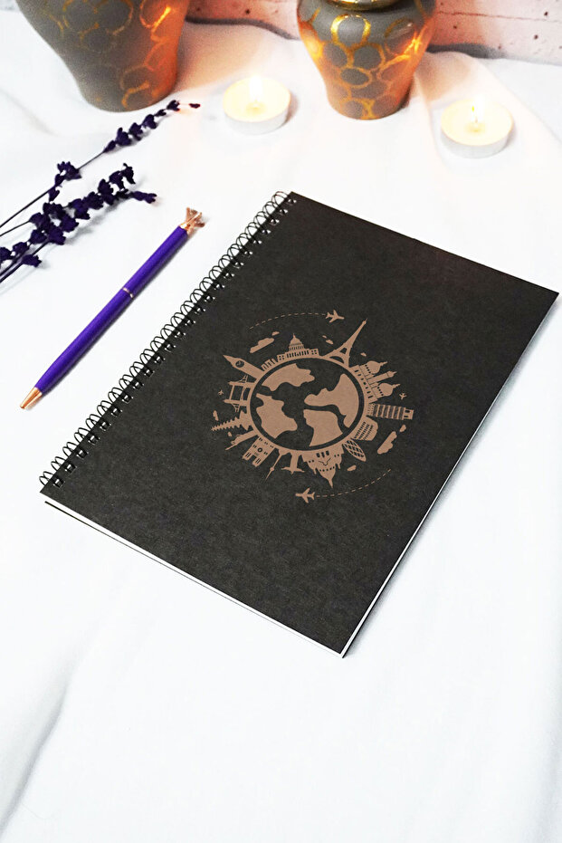 A5 World Themed Black Kraft Cover Notebook - Unlined Notebook - 60 Sheets (120 Pages) 15X21 cm