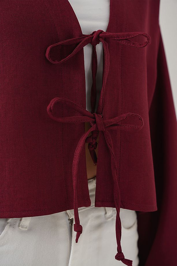 Önü Bağlamalı Keten Kimono 960 - Bordo - 5
