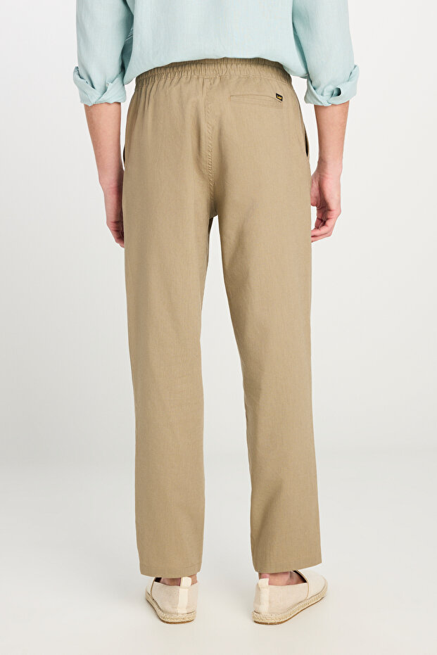 Regular Fit Normal Kesim Lastik Bel Detaylı Keten Karışımlı Deve Tüyü Pantolon - 4
