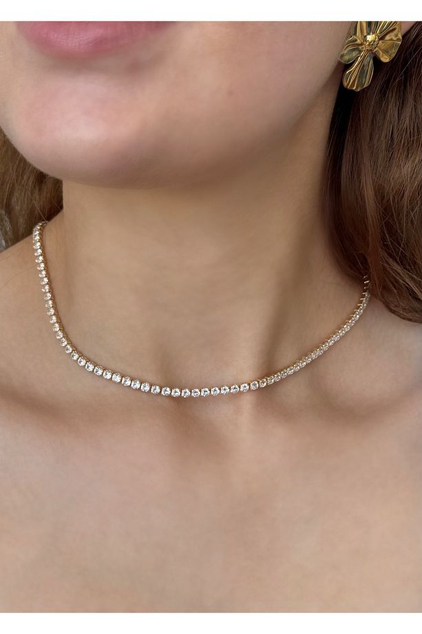 Sihra Accessories Altın renk zirkon taşlı su yolu choker kolye 3 mm - 2
