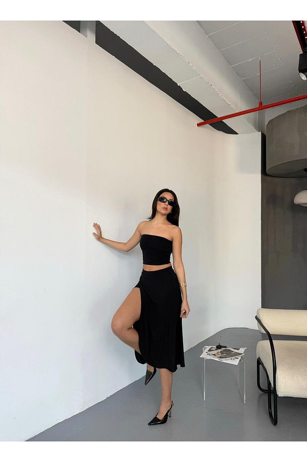 Kadın Sandy Kumaş Yüksek Bel Yırtmaçlı İçi Cepli Şortlu Midi Boy Şort Etek, Kloş Etek - 3