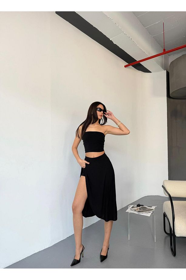 Kadın Sandy Kumaş Yüksek Bel Yırtmaçlı İçi Cepli Şortlu Midi Boy Şort Etek, Kloş Etek - 5