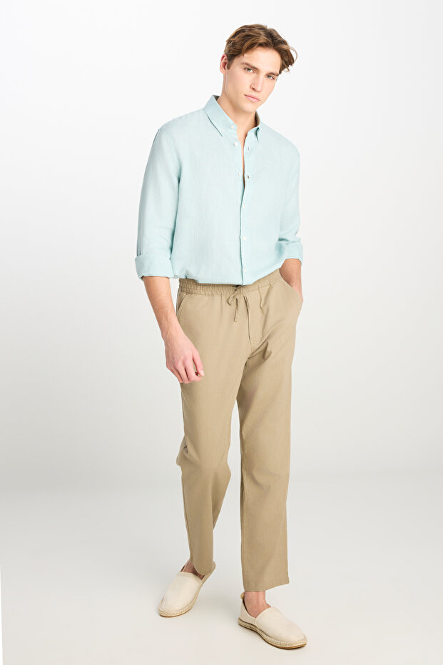 Regular Fit Normal Kesim Lastik Bel Detaylı Keten Karışımlı Deve Tüyü Pantolon - 1