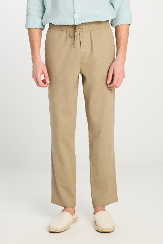 Regular Fit Normal Kesim Lastik Bel Detaylı Keten Karışımlı Deve Tüyü Pantolon - 3