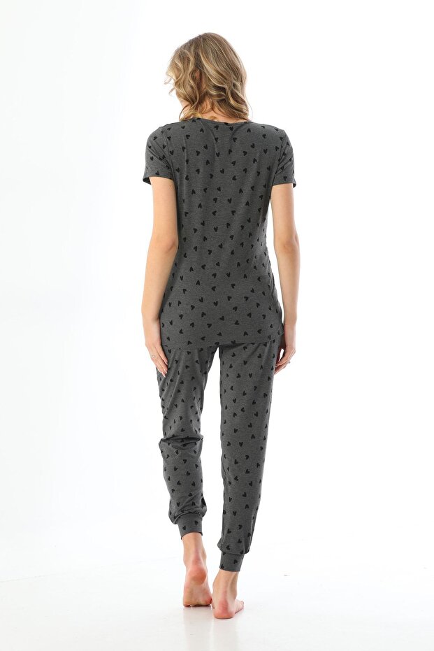 Gri Hamile Kalp Desenli Esnek Kumaş Pijama Üstü - 5