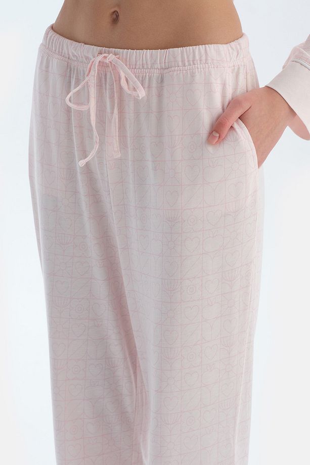 Açık Pembe Metraj Kalp Baskılı Gömlek Pantolon Pijama Takımı - 5