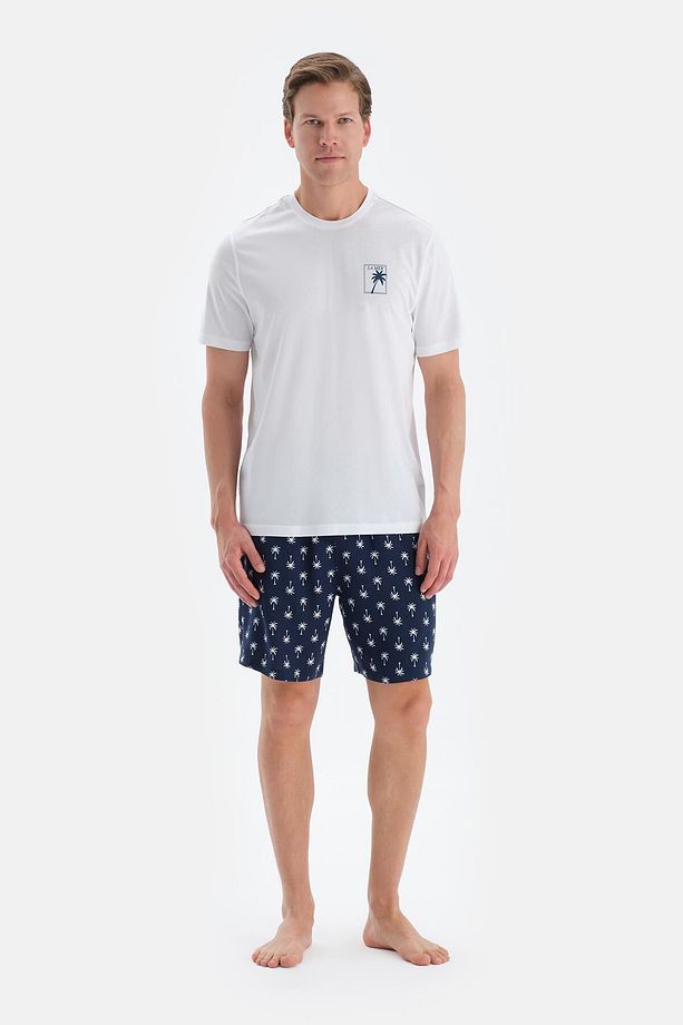 Ekru Baskı Detaylı Bisiklet Yaka Tişört Şort Pijama Takımı - 4