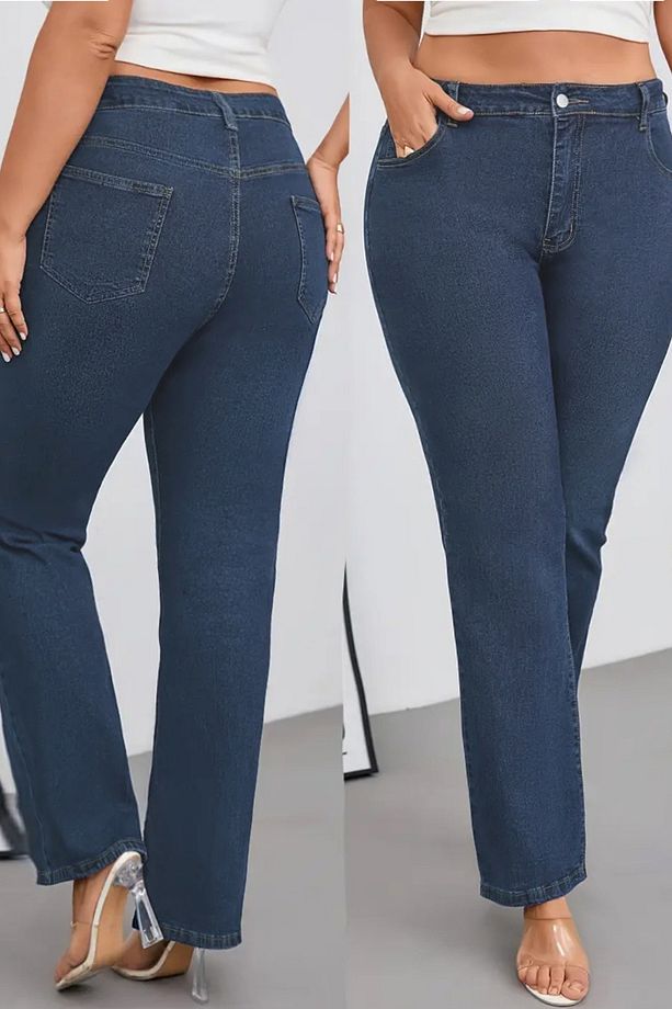- Kadın Büyük Benden Boru Paça Yüksek Bel Regular Fit Likralı Pantolon C626-Mavi - 8