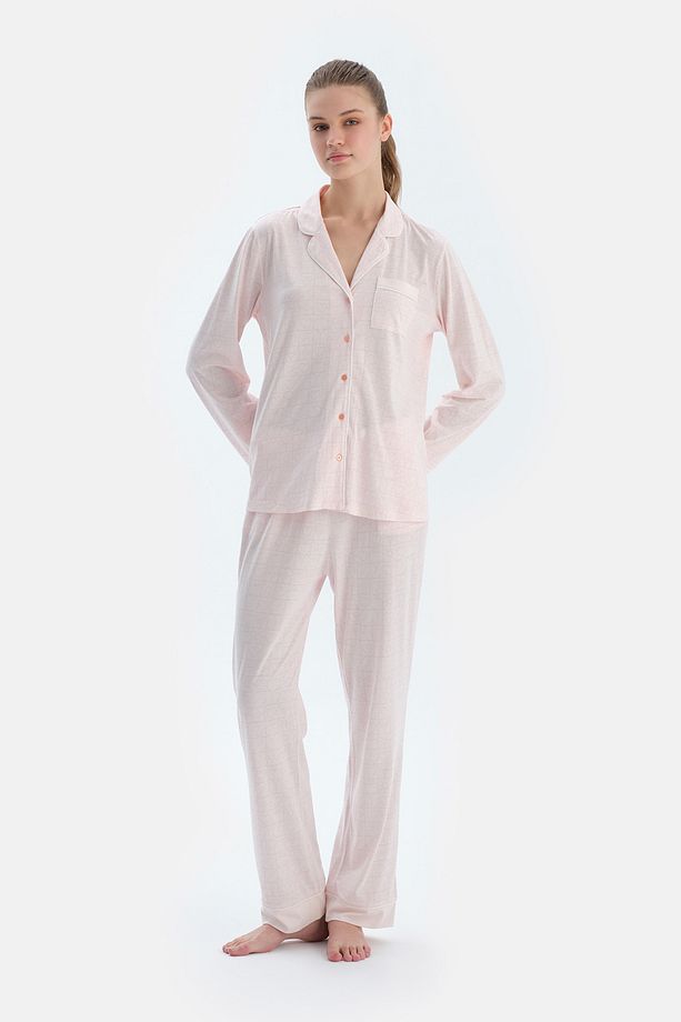Açık Pembe Metraj Kalp Baskılı Gömlek Pantolon Pijama Takımı - 3
