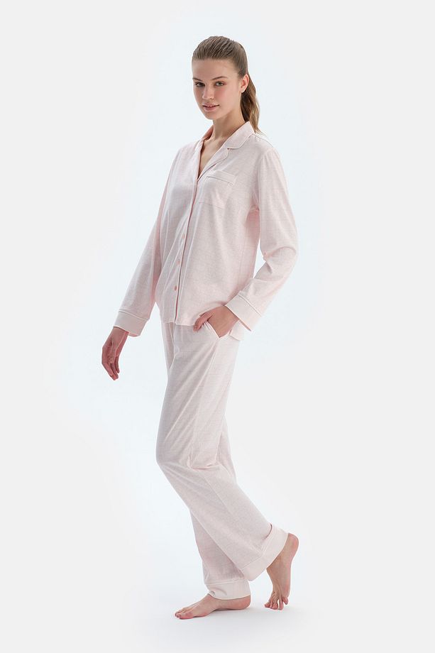 Açık Pembe Metraj Kalp Baskılı Gömlek Pantolon Pijama Takımı - 2