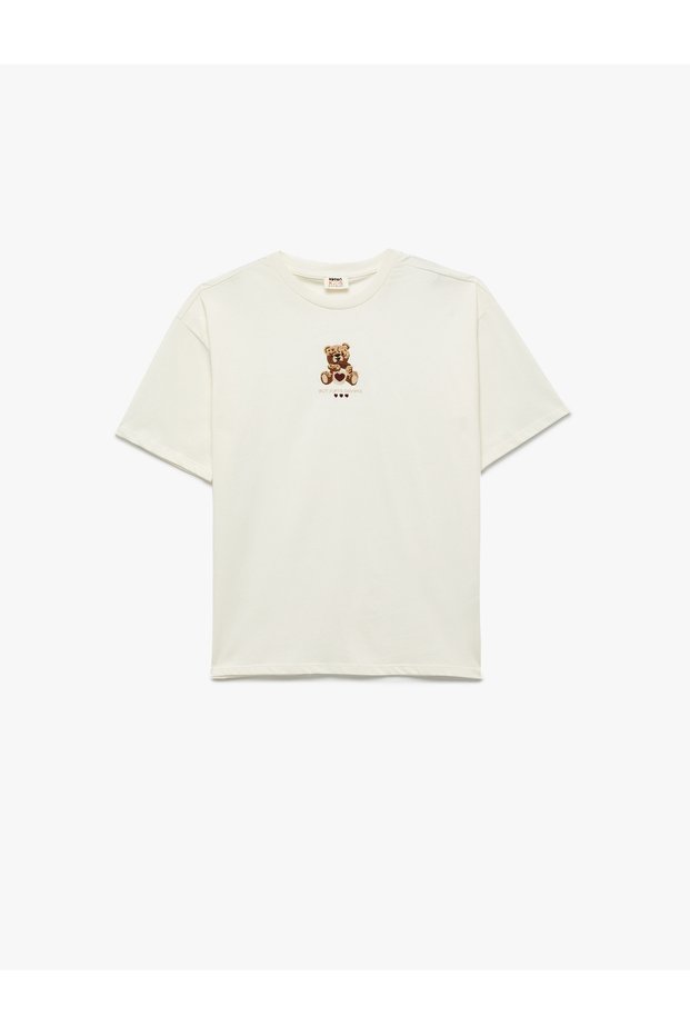 Cotton Teddy Bear Embroidery Detailed Short Sleeve Crew Neck T-Shirt