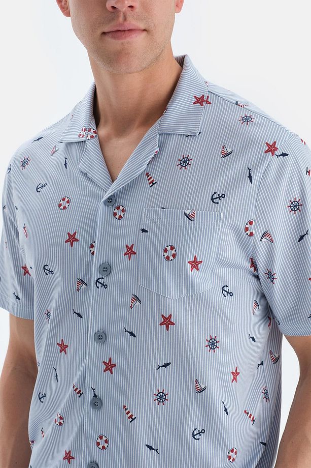 Açık Mavi Metraj Baskılı Gömlek Şort Pijama Takımı - 5