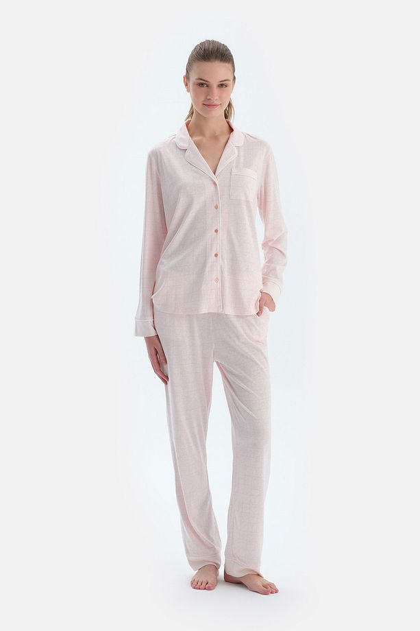 Açık Pembe Metraj Kalp Baskılı Gömlek Pantolon Pijama Takımı - 1