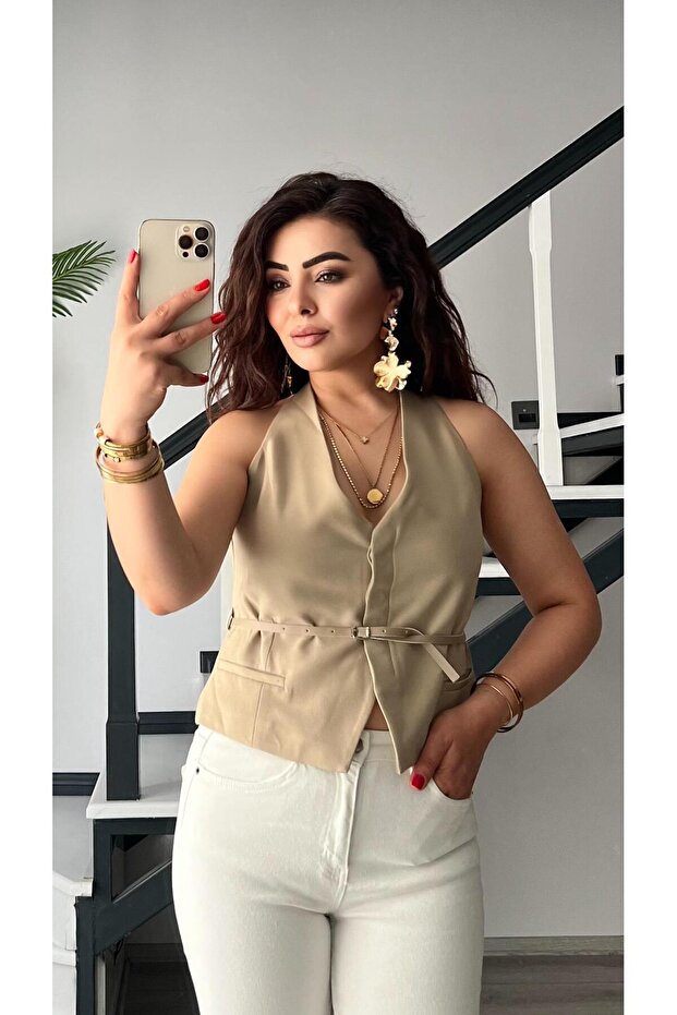 Beige Waist Belted Vest