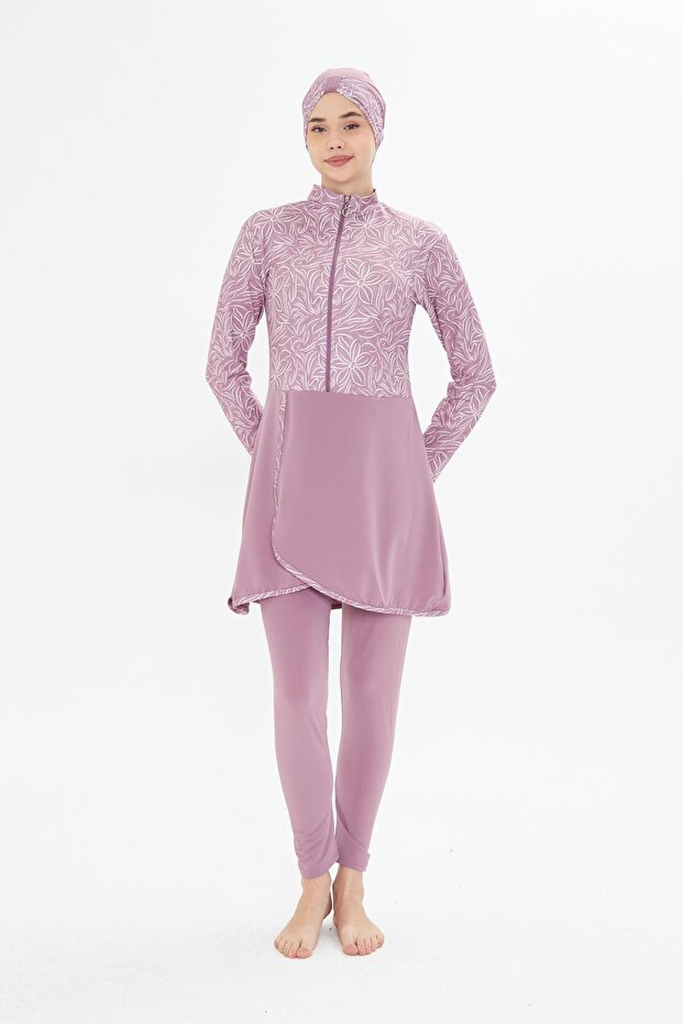 Full Covered Lycra Patterned Skirted Hijab Swimsuit Pink 3483-P
