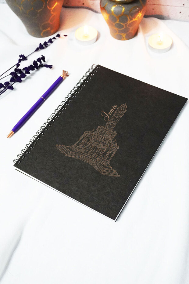 A5 Izmir Clock Tower Black Kraft Cover Unlined Notebook (120 Pages) 15X21 cm - Memory Notebook