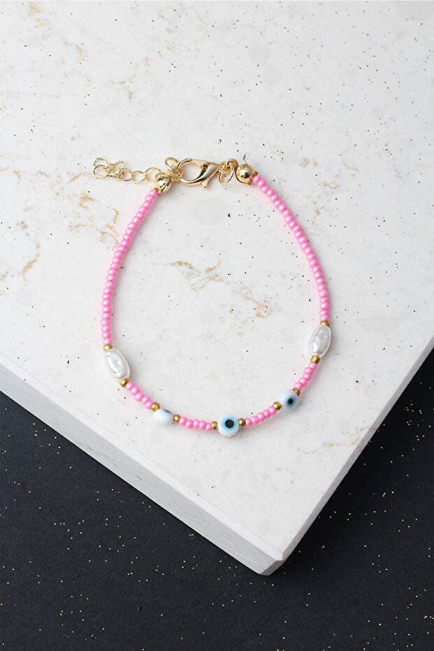 Pink Fimo Bracelet with Evil Eye Beads and Pearls