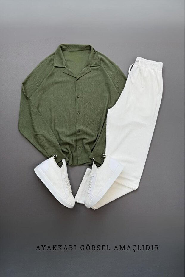 Men's Green Wrinkled Shirt White Pantalon Suit