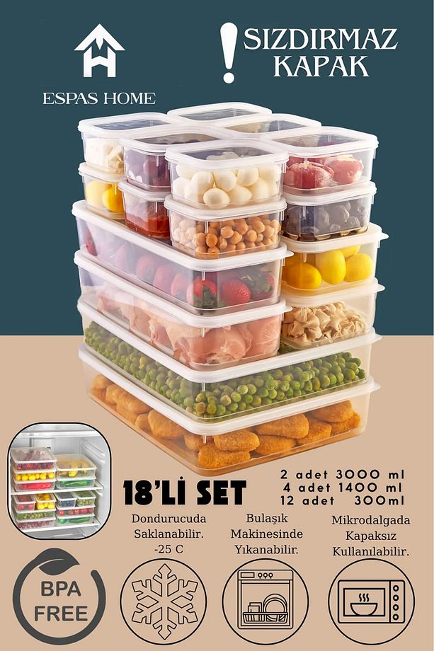 18'li Sızdırmaz FreshBox Saklama Kabı – Mikrodalga ve Buzdolabı Uyumlu / 2x3000ml-4x1400ml-12x300ml - 1