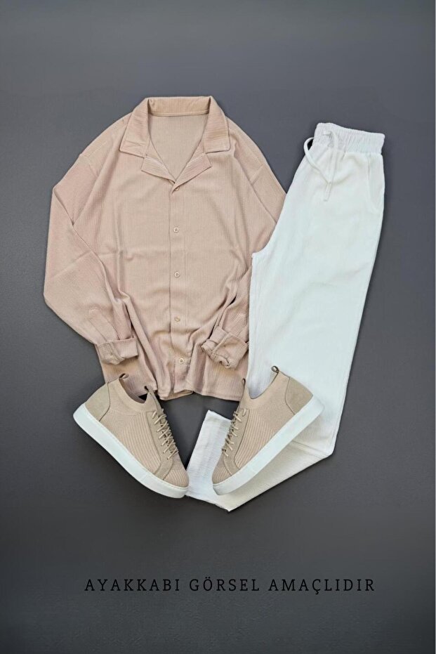 Men's Beige Wrinkled Shirt White Trousers Suit