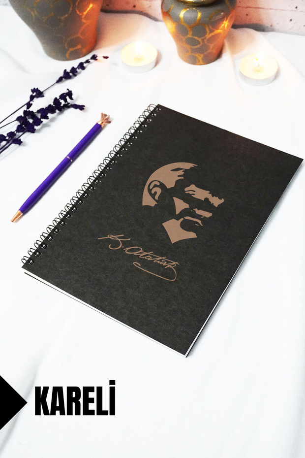 A5 Mustafa Kemal Atatürk Themed Black Kraft Cover Notebook - Checkered Notebook - 60 Sheets (120 Pages)
